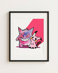 Gengar & Mimikyu — Spotlight watercolour art print framed in a black frame with white mat