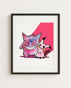Gengar & Mimikyu — Spotlight watercolour art print framed in a black frame with white mat