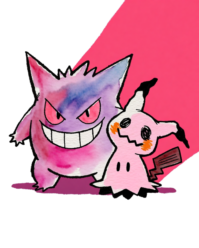 Gengar & Mimikyu — Spotlight illustration, watercolour Gengar and Mimikyu in a pink spotlight
