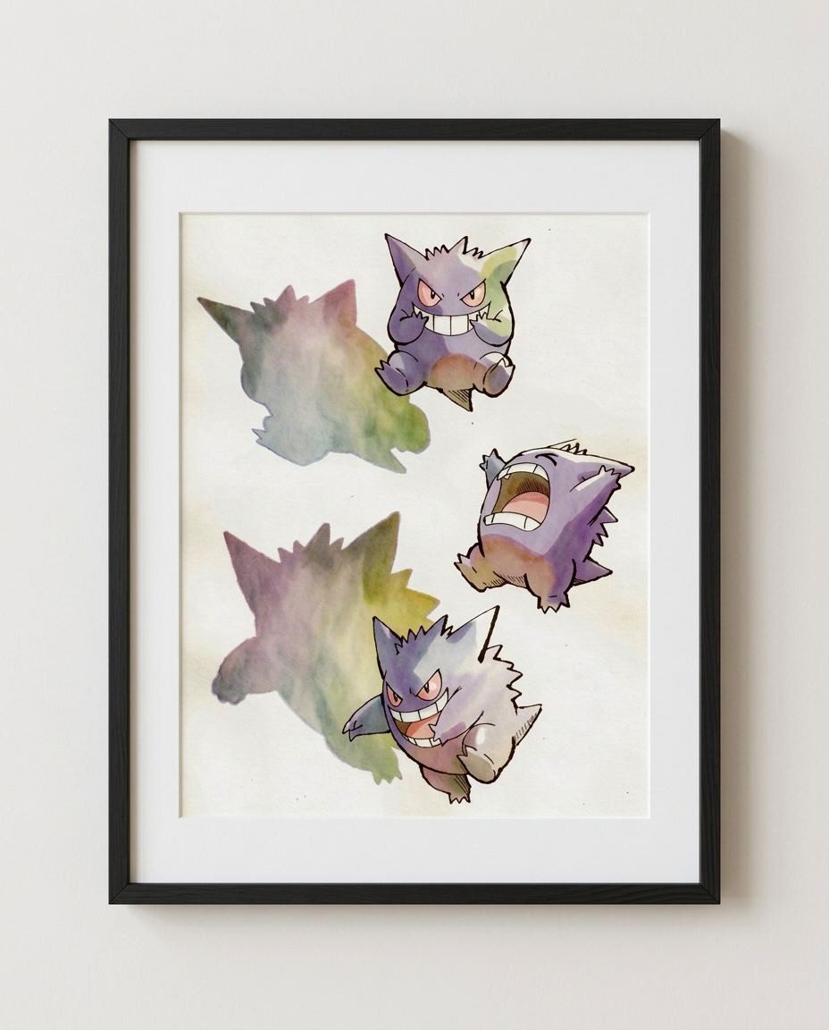 Gengar Shadow Play watercolour Pokémon art print in a black frame with white mat