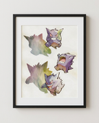 Gengar Shadow Play watercolour Pokémon art print in a black frame with white mat