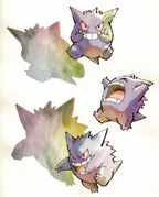 Vintage-style watercolour of three grinning Gengar with large lilac and green shadows by Dammit.png