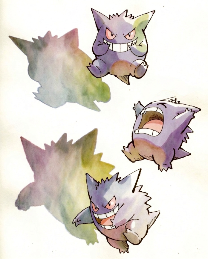 Vintage-style watercolour of three grinning Gengar with large lilac and green shadows by Dammit.png