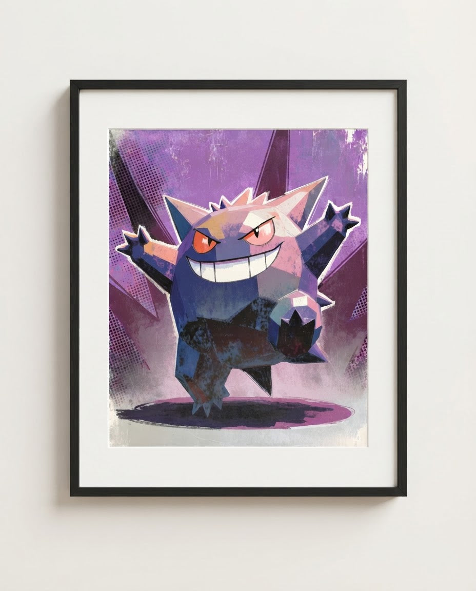 Gengar — Showtime halftone art print framed in a black frame with white mat