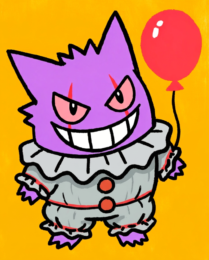 Gengar dressed as Pennywise holding a red balloon — Dammit.png fan art print