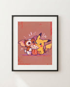 Gizmo & Pikachu — Movie Night Gremlins crossover art print framed in a black frame with white mat