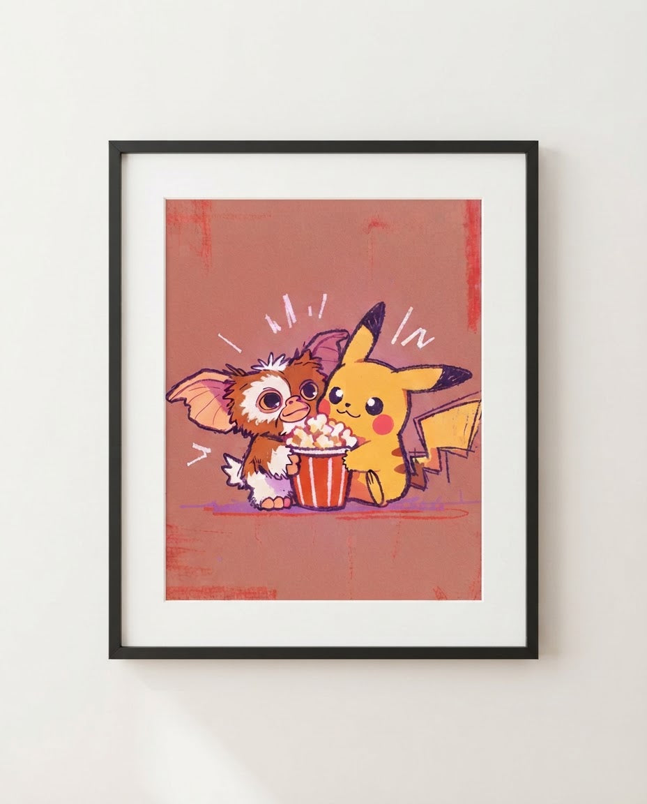 Gizmo & Pikachu — Movie Night Gremlins crossover art print framed in a black frame with white mat