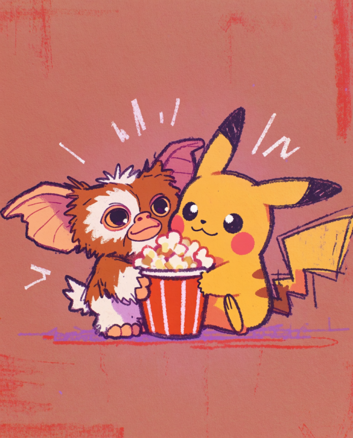 Gizmo & Pikachu — Movie Night illustration, Gizmo and Pikachu sharing a bucket of popcorn