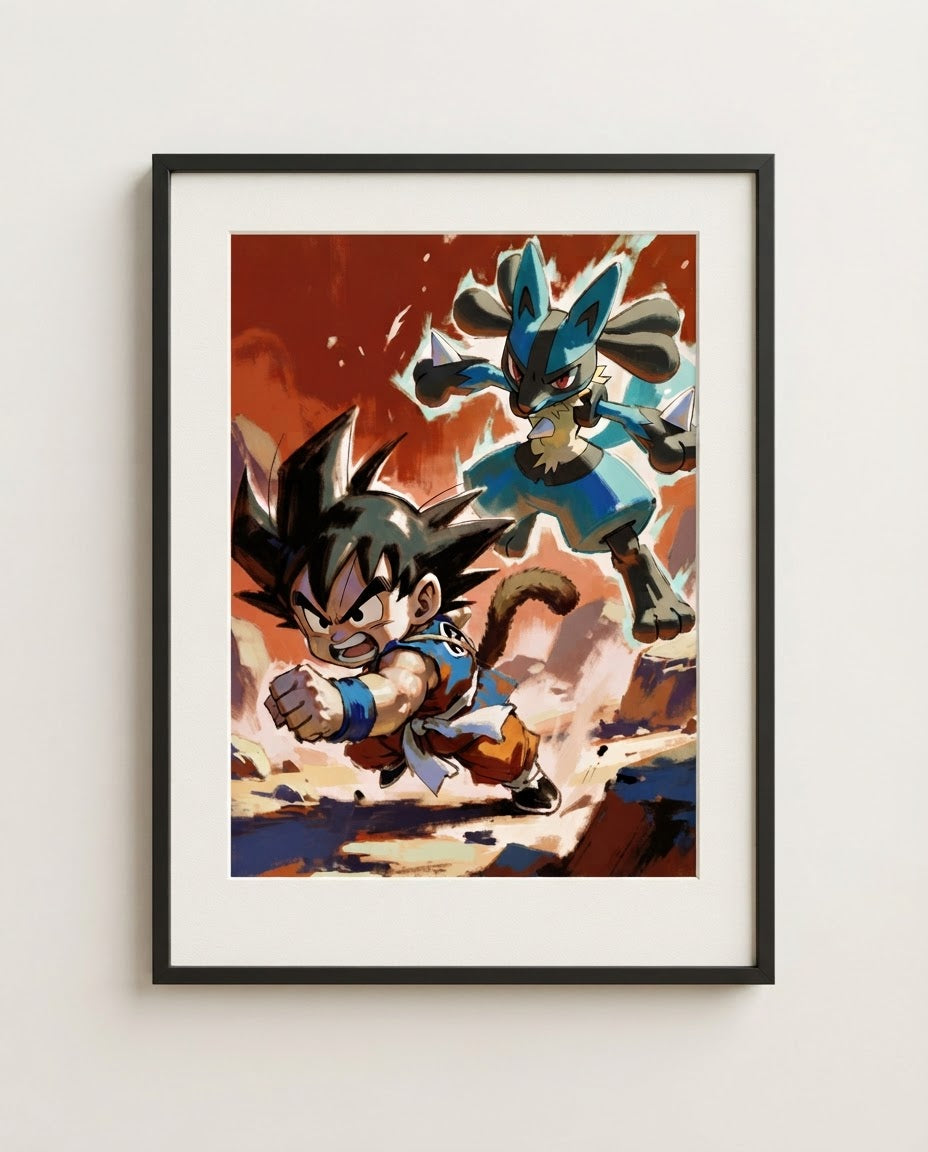 Goku and Lucario Aura Rush Dragon Ball Pokémon crossover art print by Dammit.png shown framed