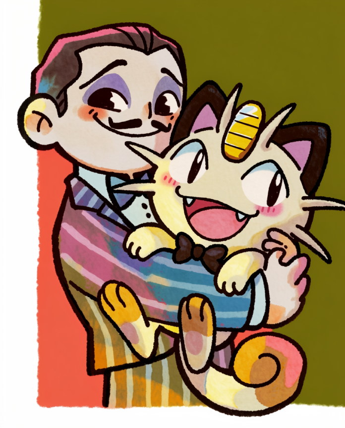Gomez in a pinstripe suit hugging a happy Meowth with a bow tie — Dammit.png fan art print