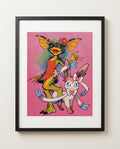 Greta & Sylveon — Pretty in Pink Gremlins crossover art print framed in a black frame with white mat