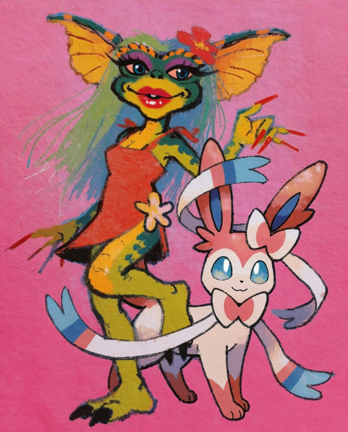 Greta & Sylveon — Pretty in Pink illustration, Greta the gremlin posing with Sylveon on hot pink