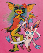 Greta & Sylveon — Pretty in Pink illustration, Greta the gremlin posing with Sylveon on hot pink