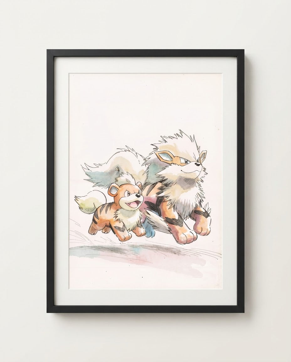 Growlithe and Arcanine Full Sprint watercolour Pokémon art print by Dammit.png shown framed
