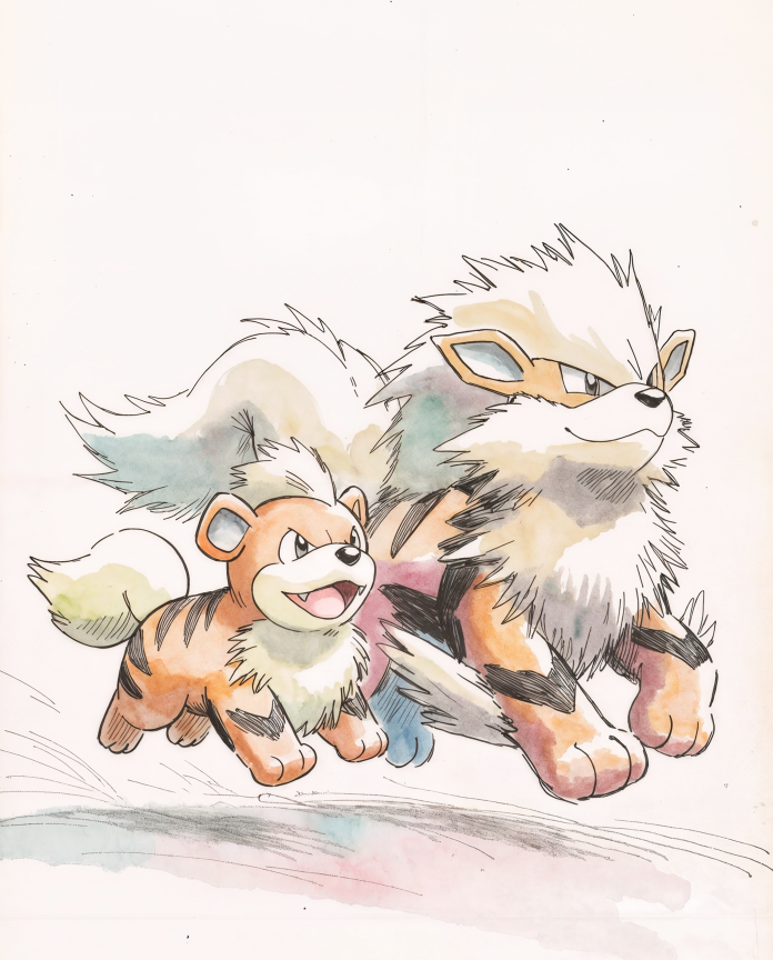 Original watercolour artwork of Growlithe and Arcanine running at full speed, Sugimori-inspired print by Dammit.png