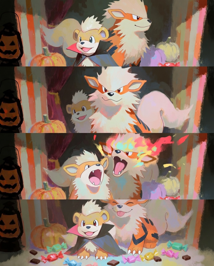 Growlithe in a vampire cape and Arcanine posing in a Halloween photo booth strip — Dammit.png fan art print
