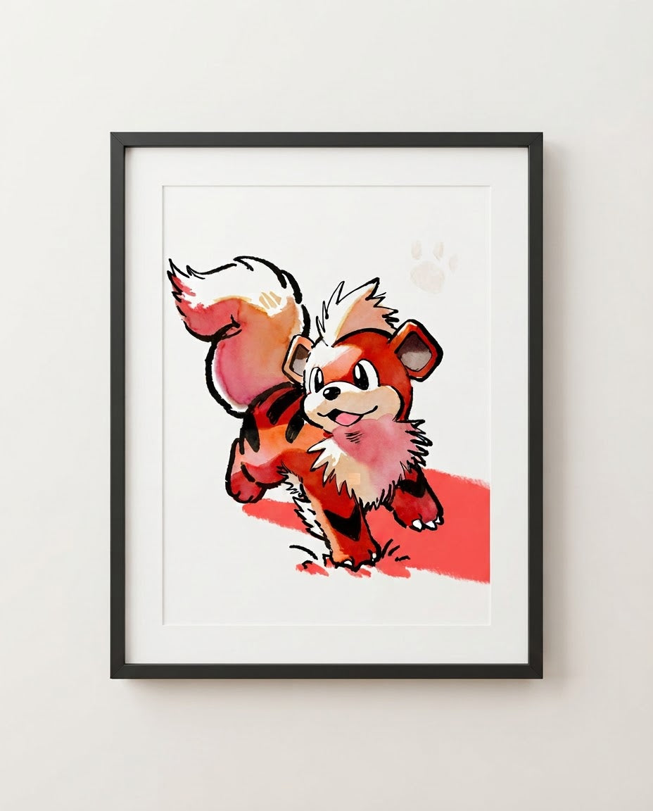Growlithe — Walkies watercolour art print framed in a black frame with white mat