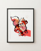 Growlithe — Walkies watercolour art print framed in a black frame with white mat
