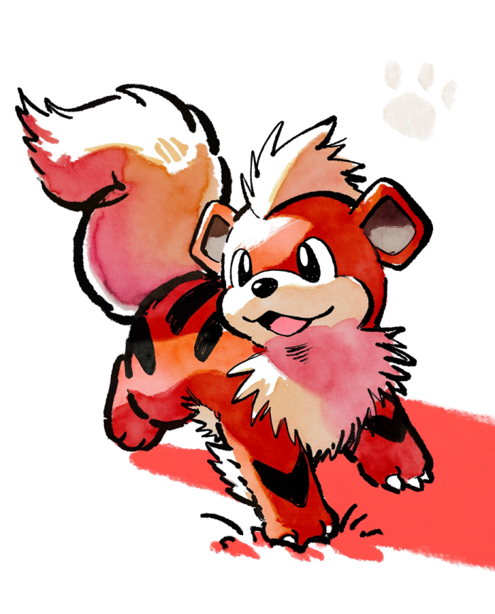 Growlithe — Walkies illustration, watercolour Growlithe trotting happily with its tongue out