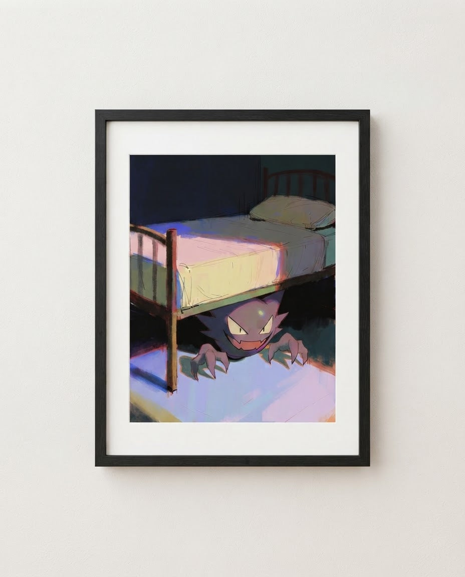 Haunter — Under the Bed Halloween art print framed in a black frame with white mat