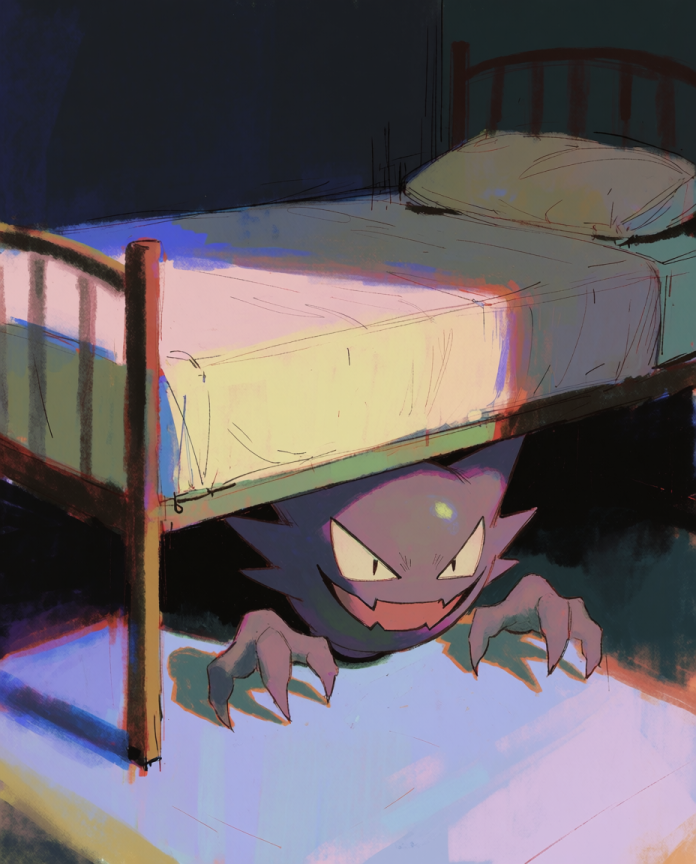 Haunter — Under the Bed illustration, Haunter grinning from under a bed in moonlight