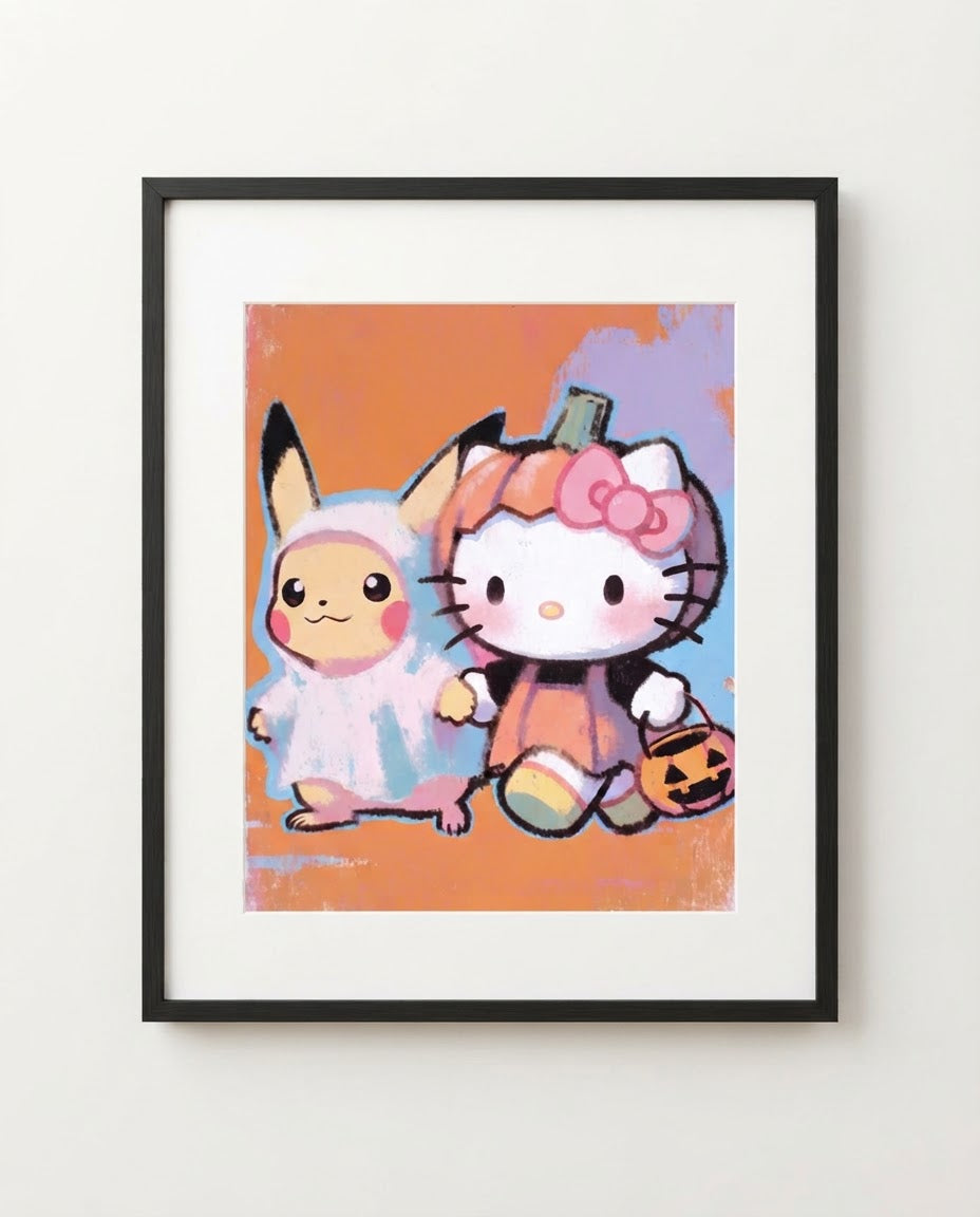 Hello Kitty & Pikachu — Pumpkin Patch Halloween crossover art print framed in a black frame with white mat
