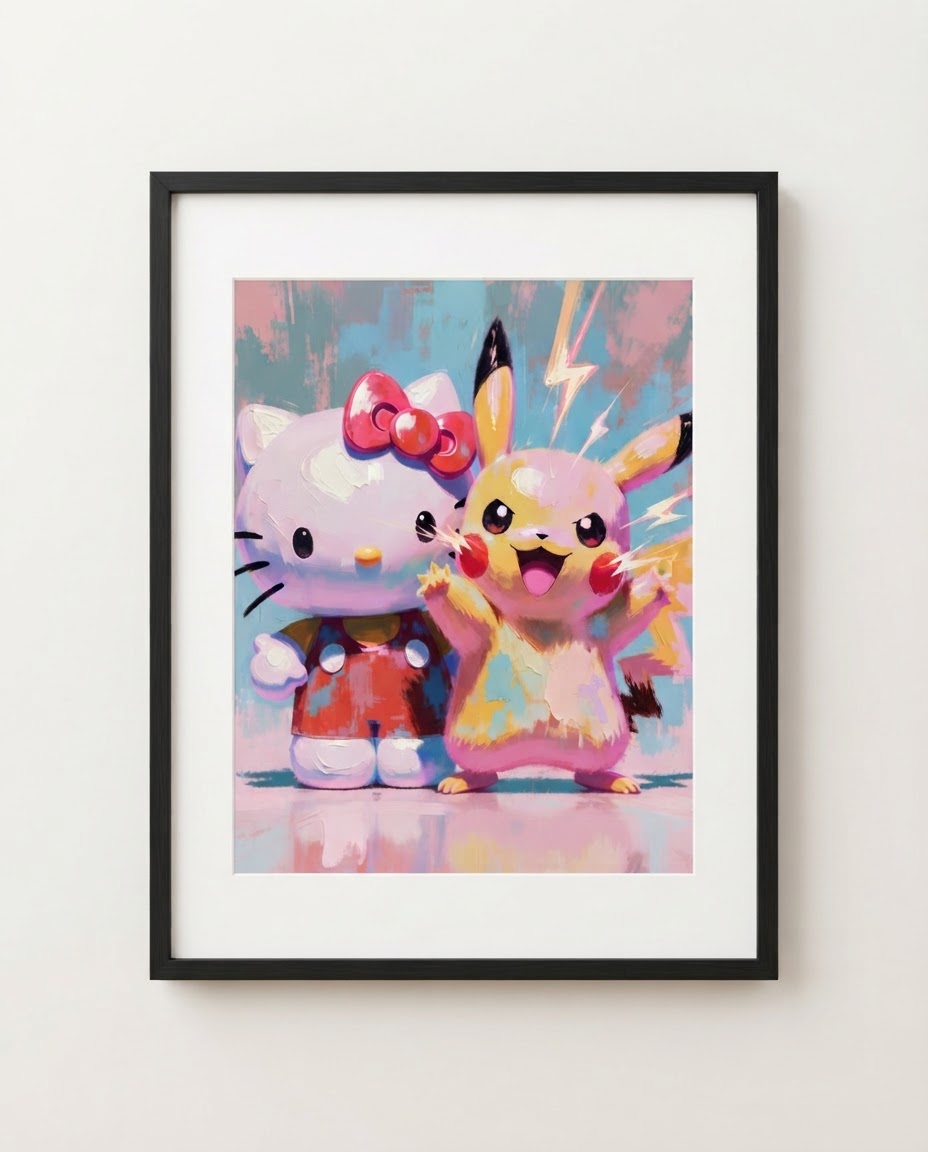 Hello Kitty and Pikachu Star Power Sanrio Pokémon crossover art print by Dammit.png shown framed