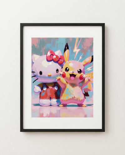 Hello Kitty and Pikachu Star Power Sanrio Pokémon crossover art print by Dammit.png shown framed