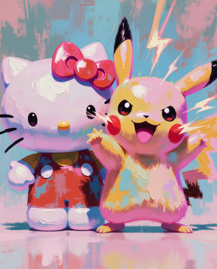 Original crossover artwork of Hello Kitty and Pikachu sparking with joy by Dammit.png