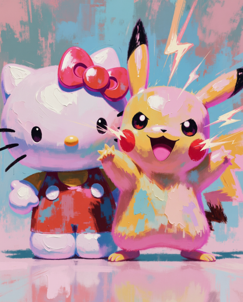 Original crossover artwork of Hello Kitty and Pikachu sparking with joy by Dammit.png