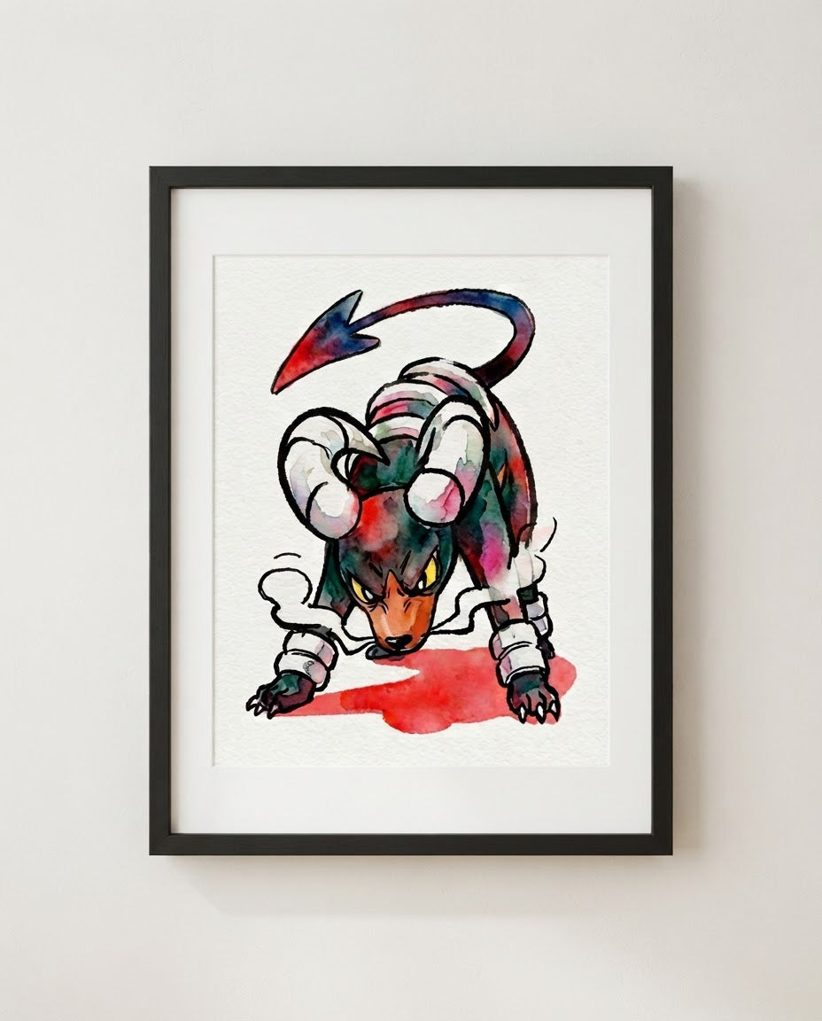 Houndoom — On the Prowl framed watercolour art print by Dammit.png