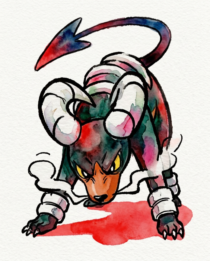 Watercolour Houndoom crouching with smoke from its jaws over a red pool — Dammit.png fan art print