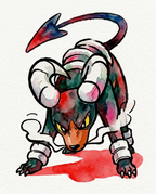 Watercolour Houndoom crouching with smoke from its jaws over a red pool — Dammit.png fan art print