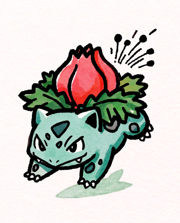 Watercolour Ivysaur releasing spores from its pink bud — Dammit.png fan art print