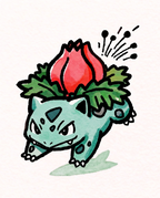 Watercolour Ivysaur releasing spores from its pink bud — Dammit.png fan art print
