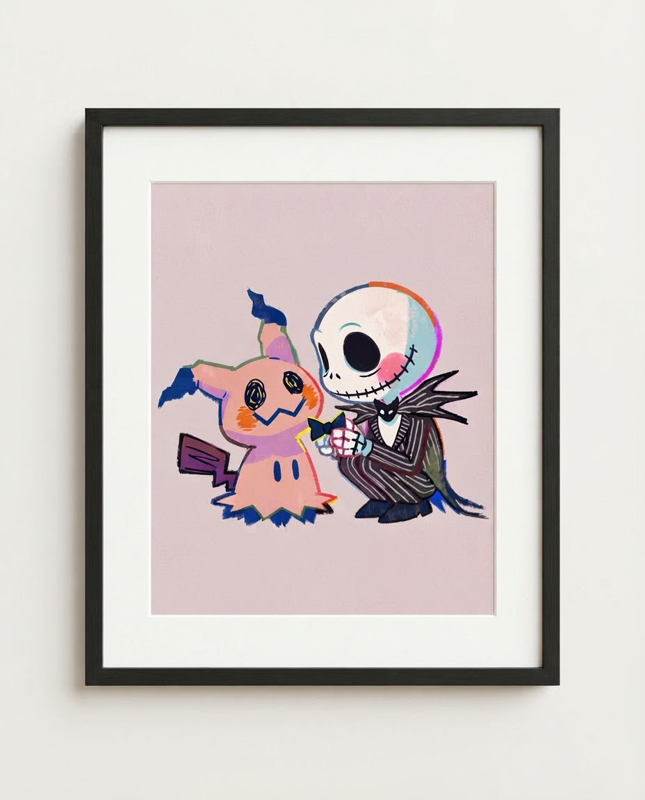 Jack & Mimikyu — Bow Tie Halloween Town crossover art print framed in a black frame with white mat