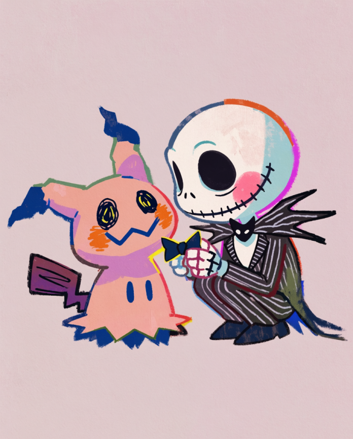 Jack & Mimikyu — Bow Tie illustration, chibi Jack Skellington giving a bow tie to Mimikyu