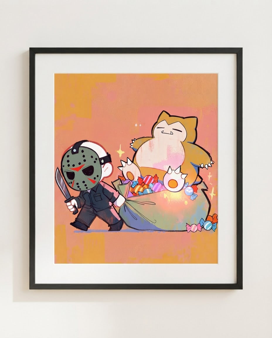Jason & Snorlax — Candy Run Halloween crossover art print framed in a black frame with white mat