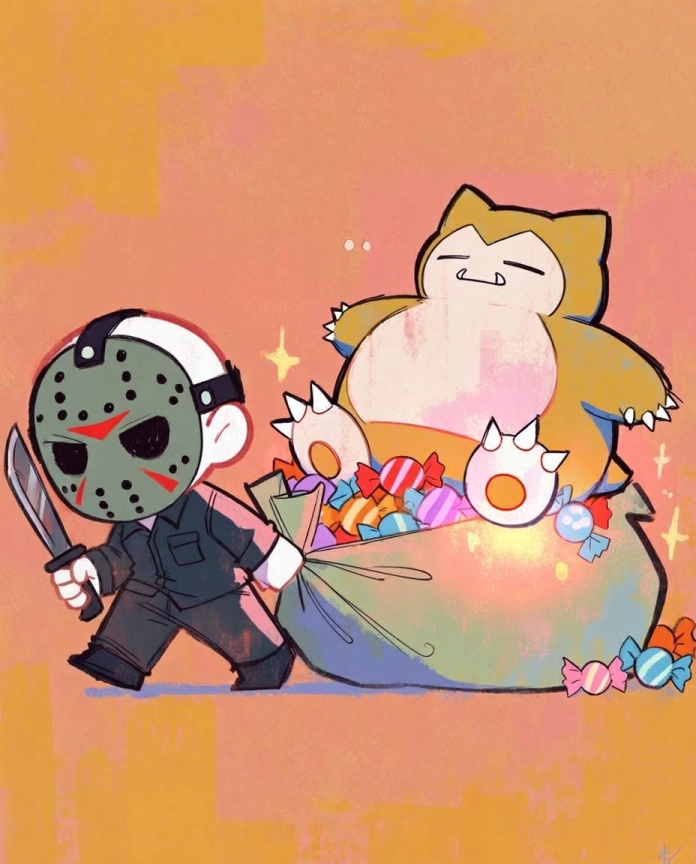 Jason & Snorlax — Candy Run illustration, chibi Jason dragging a candy sack with Snorlax asleep on top