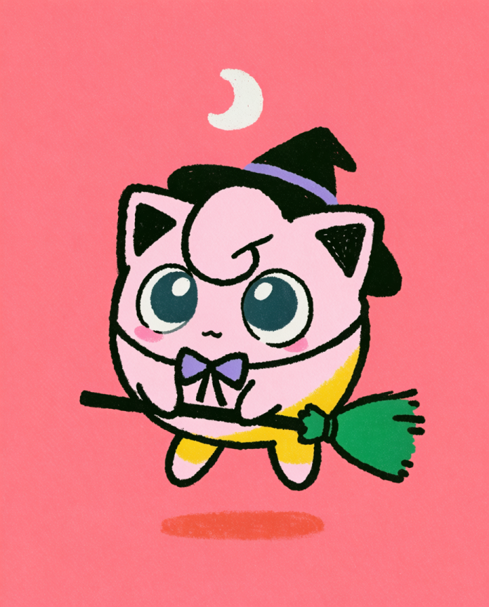 Jigglypuff in a witch hat flying on a broomstick under a crescent moon — Dammit.png fan art print