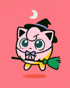 Jigglypuff in a witch hat flying on a broomstick under a crescent moon — Dammit.png fan art print