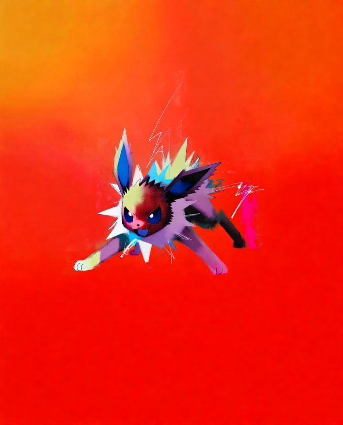 Spiky yellow Jolteon with lightning lines on a black background with blue and red marks — Dammit.png fan art print