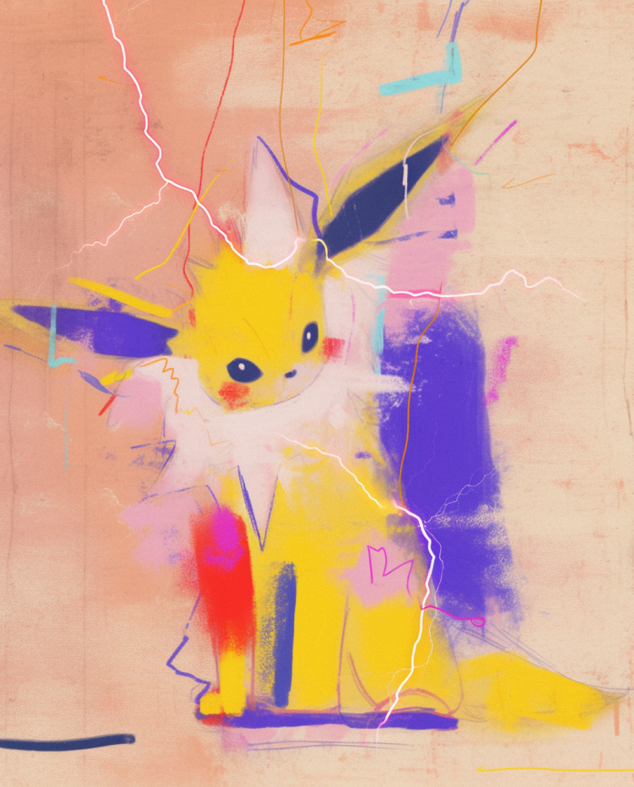 Jolteon crouching to attack against a glowing orange and red background — Dammit.png fan art print