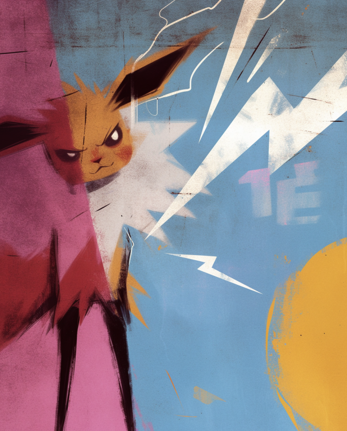 Jolteon bristling with electricity among white lightning bolts on a distressed blue and pink background — Dammit.png fan art print