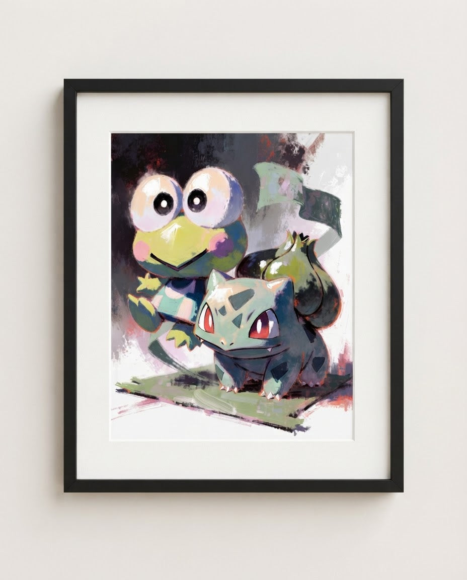 Keroppi and Bulbasaur Green Team Sanrio Pokémon crossover art print by Dammit.png shown framed