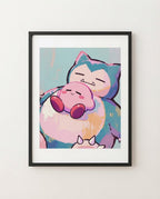 Kirby & Snorlax kawaii art print framed on a wall — Kirby Pokémon crossover by Dammit.png
