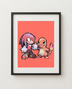 Knuckles & Charmander kawaii art print framed on a wall — Sonic Pokémon crossover by Dammit.png