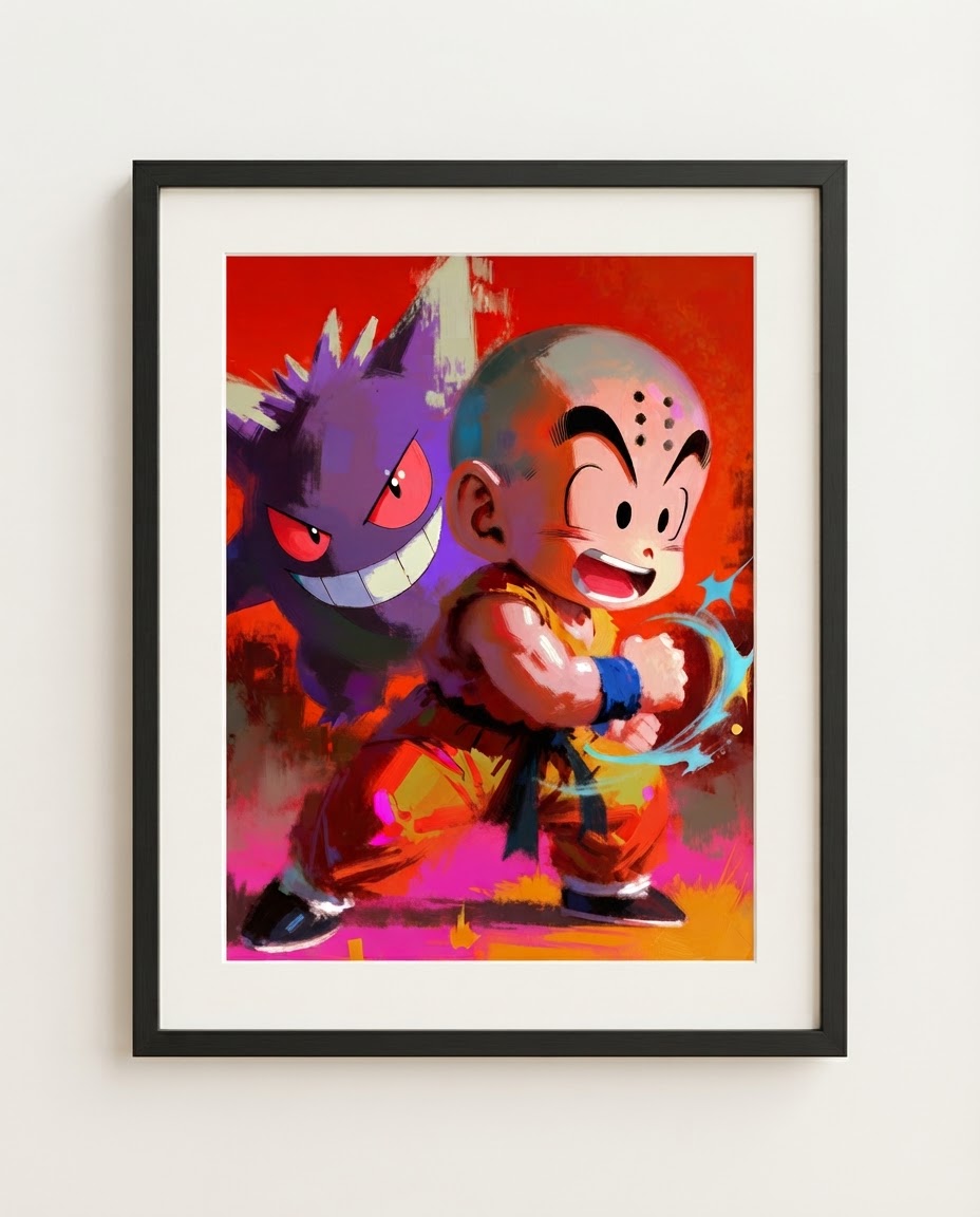 Krillin and Gengar Behind You Dragon Ball Pokémon crossover art print by Dammit.png shown framed