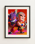 Krillin and Gengar Behind You Dragon Ball Pokémon crossover art print by Dammit.png shown framed