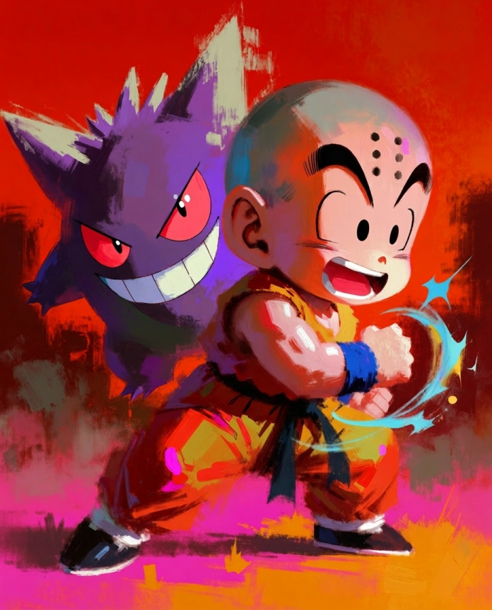 Original crossover artwork of Gengar grinning behind Krillin by Dammit.png
